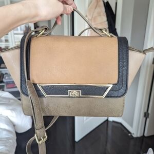 INC trapeze vegan leather shoulder bag in olive tan and black neutrals